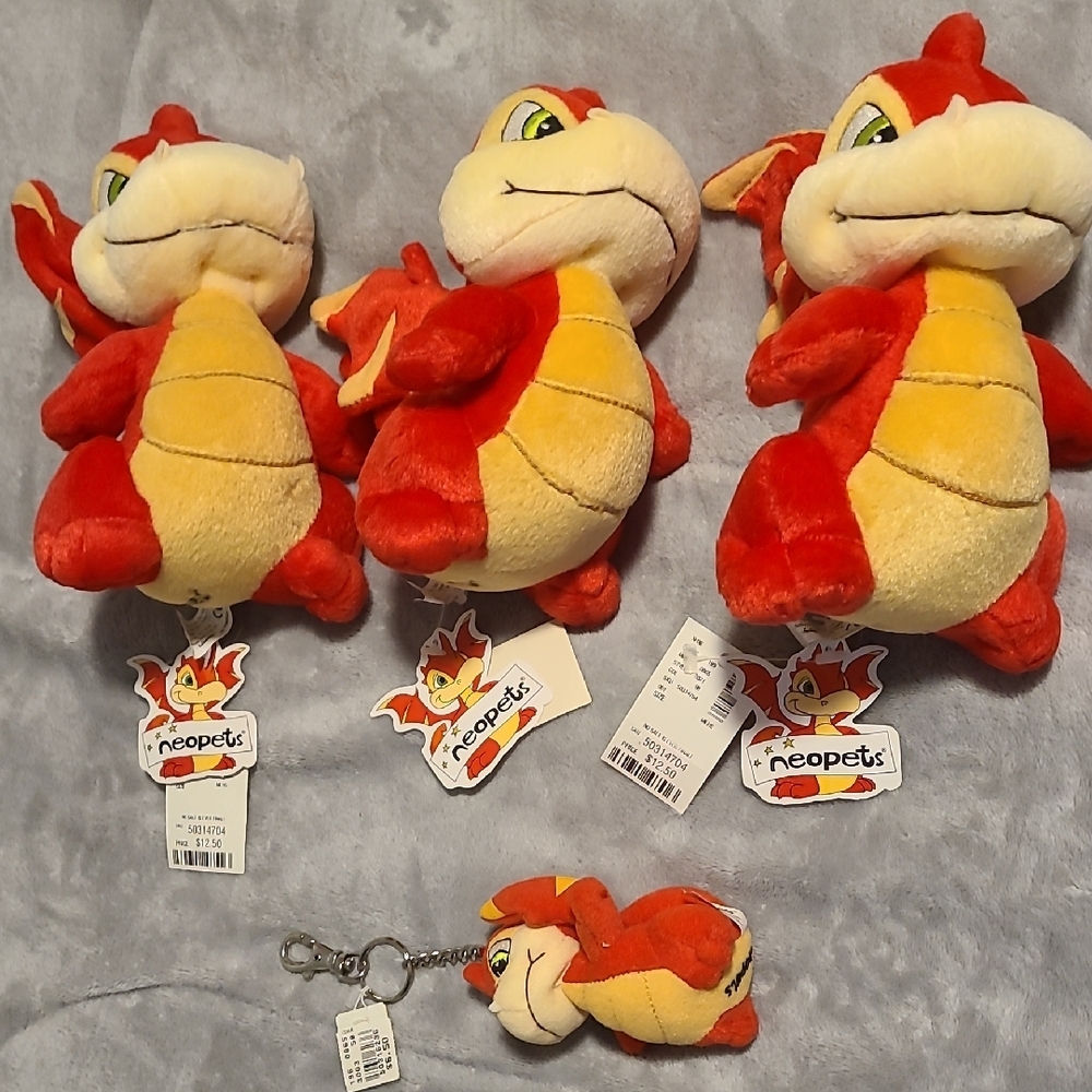 Neopets 2002 Red Scorchio Plush Stuffed Animal Trio And Keychain